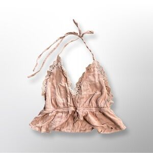 Blush Pink Halter Peplum Crop Top | Lace Trim | XS